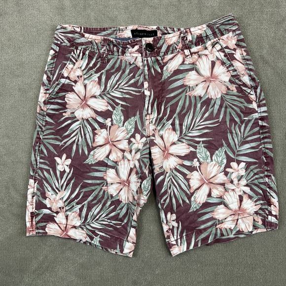 Aeropostale Tropical Floral Hibiscus Chino Shorts 28 Burgundy Pink Cotton Beach — photo 2